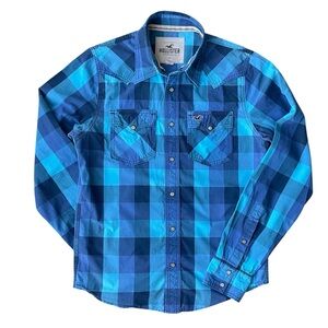 Hollister Men's Plaid Western Pearl Button Short Blues Size M Y2K